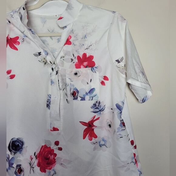 Floral Lightweight Blouse Short Sleeve Notched Neckline Japanese Inspired Medium - Picture 9 of 10